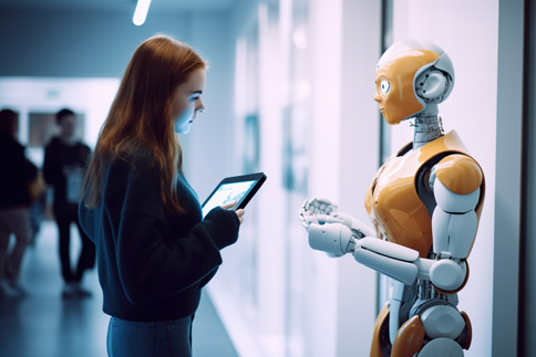 Femme avec un tablette parlant a un robot humanoïde
